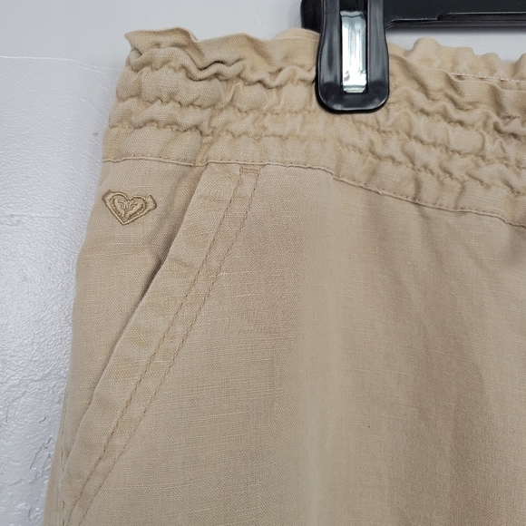 Roxy Large Tan Beige Khaki Linen Pants Lightweight Stretch Waist Casual Pockets - Picture 3 of 6